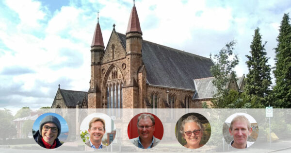 Jake Causley, Dominic Hurndall, Bill McGuire, Tracey West and Simon West in front of Sherbrooke Mosspark Parish Church