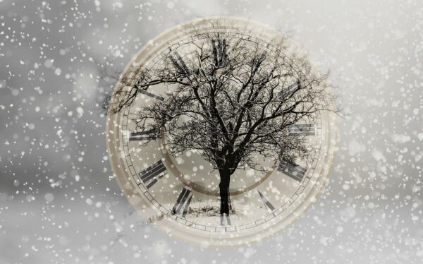 Snowfall tree clock by geralt on Pixabay