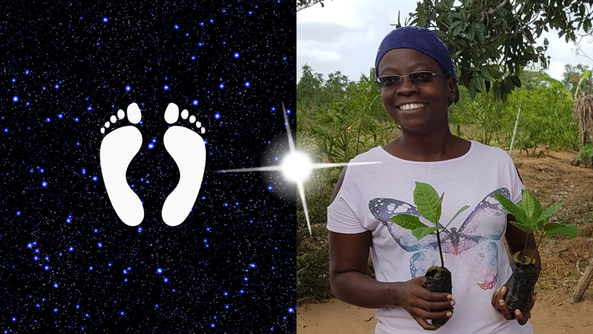 Stylised footprints on a star background with a Kenyan woman holding saplings