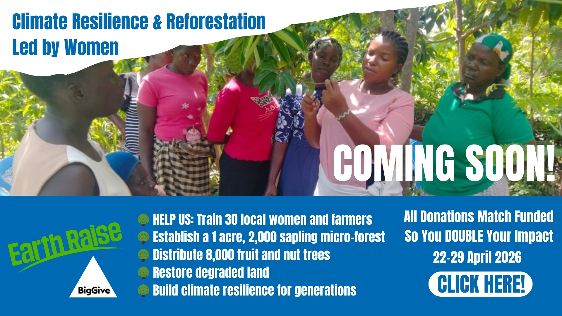 A banner with the details from the article and Kenyan women learning about tree species